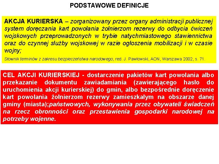 PODSTAWOWE DEFINICJE AKCJA KURIERSKA – zorganizowany przez organy administracji publicznej system doręczania kart powołania