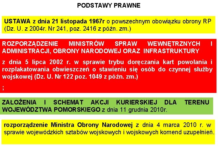 PODSTAWY PRAWNE USTAWA z dnia 21 listopada 1967 r o powszechnym obowiązku obrony RP