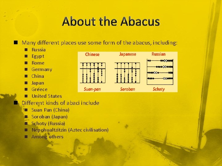 About the Abacus n Many different places use some form of the abacus, including: