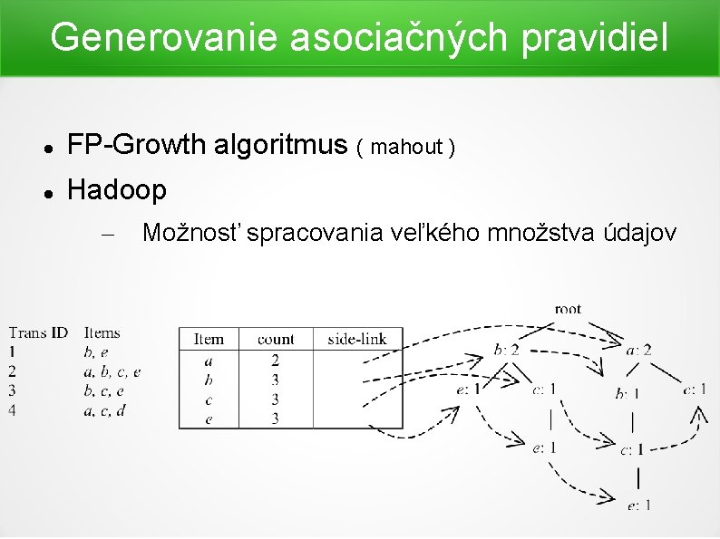Generovanie asociačných pravidiel FP-Growth algoritmus ( mahout ) Hadoop – Možnosť spracovania veľkého množstva