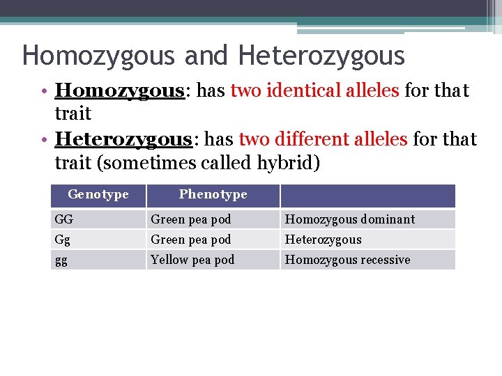 Homozygous and Heterozygous • Homozygous: has two identical alleles for that trait • Heterozygous: