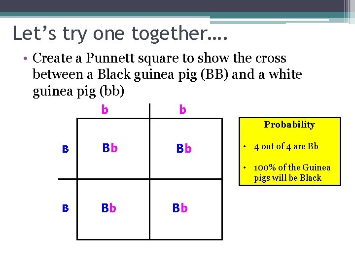 Let’s try one together…. • Create a Punnett square to show the cross between