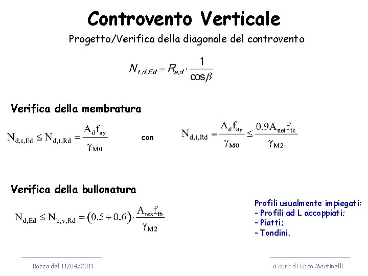 Controvento Verticale Progetto/Verifica della diagonale del controvento Verifica della membratura con Verifica della bullonatura