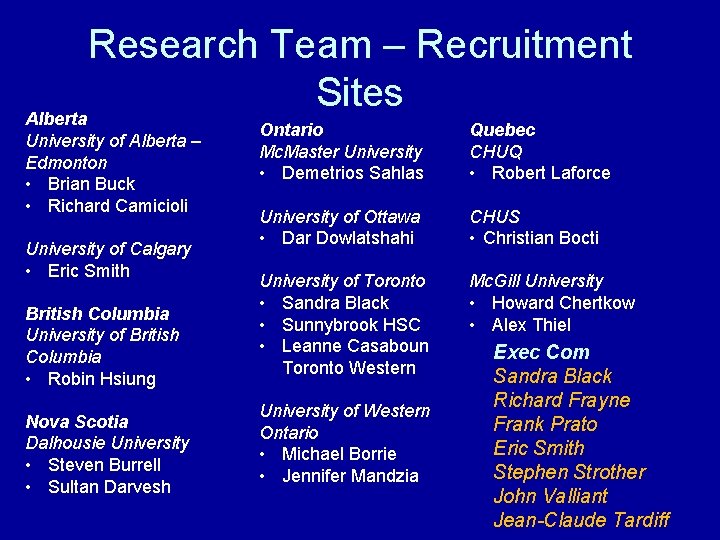 Research Team – Recruitment Sites Alberta University of Alberta – Edmonton • Brian Buck