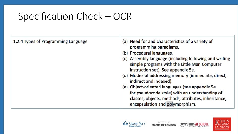 Specification Check – OCR 