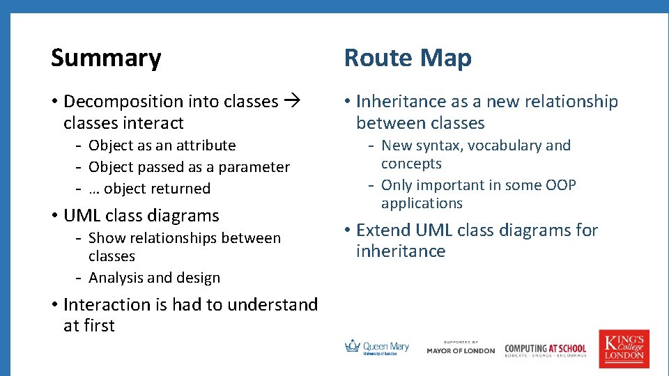 Summary Route Map • Decomposition into classes interact • Inheritance as a new relationship