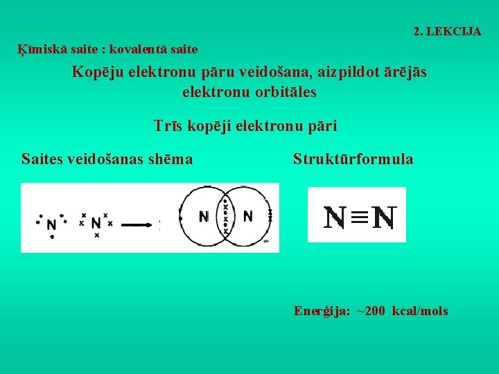 2. LEKCIJA Ķīmiskā saite : kovalentā saite Kopēju elektronu pāru veidošana, aizpildot ārējās elektronu