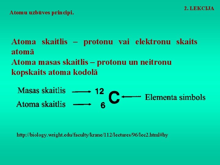 Atomu uzbūves principi. 2. LEKCIJA Atoma skaitlis – protonu vai elektronu skaits atomā Atoma