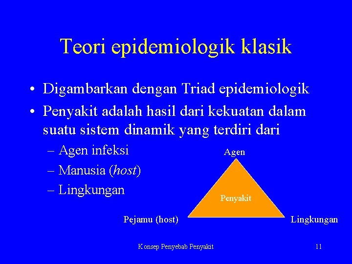 Teori epidemiologik klasik • Digambarkan dengan Triad epidemiologik • Penyakit adalah hasil dari kekuatan