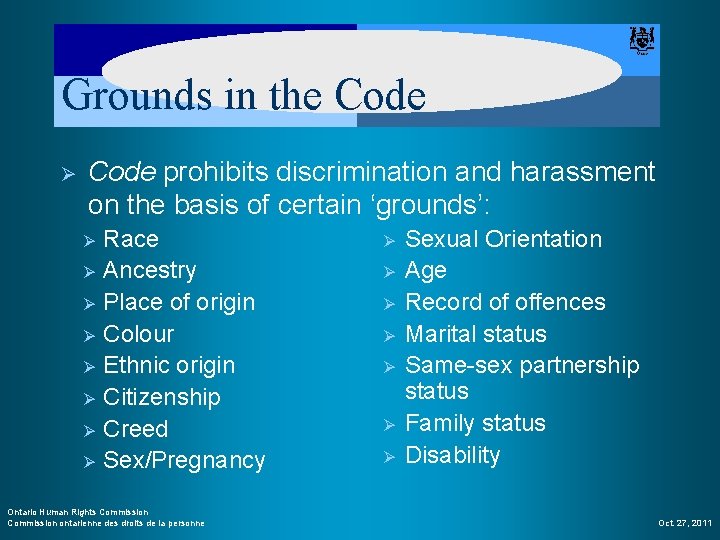 Grounds in the Code Ø Code prohibits discrimination and harassment on the basis of