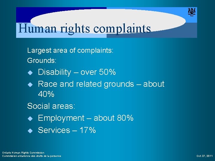 Human rights complaints Largest area of complaints: Grounds: Disability – over 50% u Race