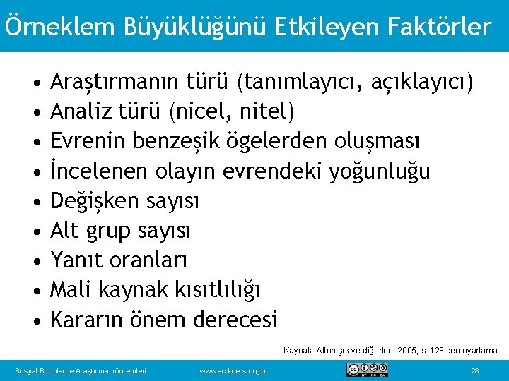 Örneklem Büyüklüğünü Etkileyen Faktörler • • • Araştırmanın türü (tanımlayıcı, açıklayıcı) Analiz türü (nicel,