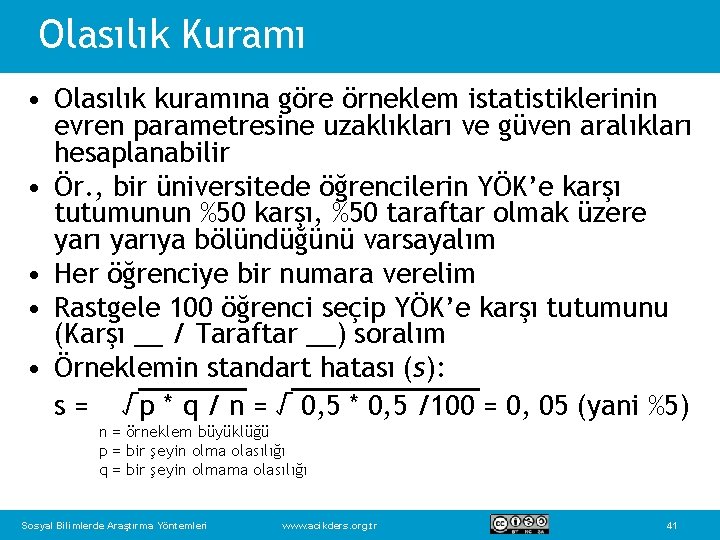 Olasılık Kuramı • Olasılık kuramına göre örneklem istatistiklerinin evren parametresine uzaklıkları ve güven aralıkları