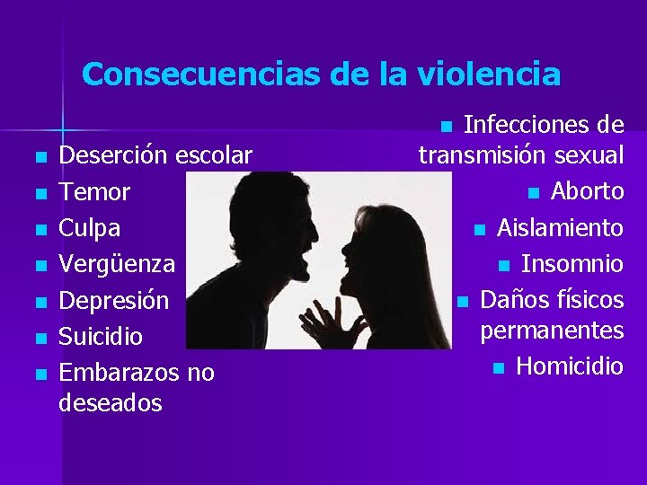 Consecuencias de la violencia Infecciones de transmisión sexual n Aborto n Aislamiento n Insomnio