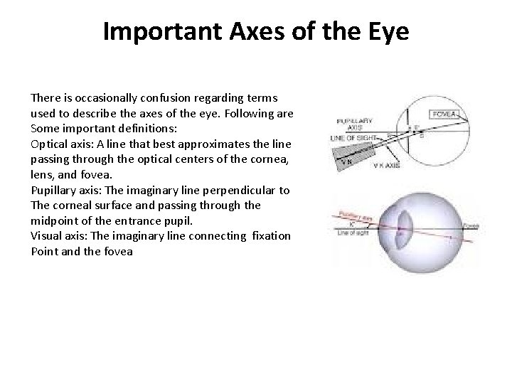 Important Axes of the Eye There is occasionally confusion regarding terms used to describe Important Axes of the Eye There is occasionally confusion regarding terms used to describe