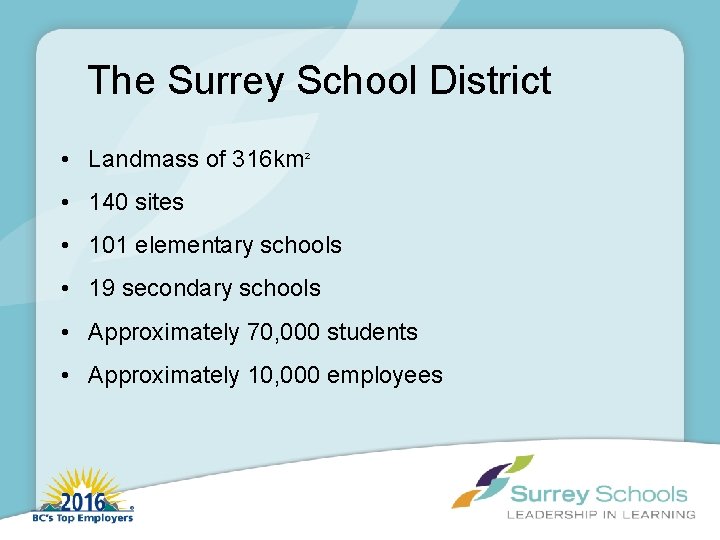 The Surrey School District • Landmass of 316 km 2 • 140 sites •