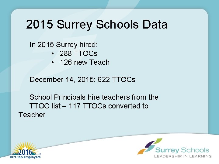 2015 Surrey Schools Data In 2015 Surrey hired: • 288 TTOCs • 126 new