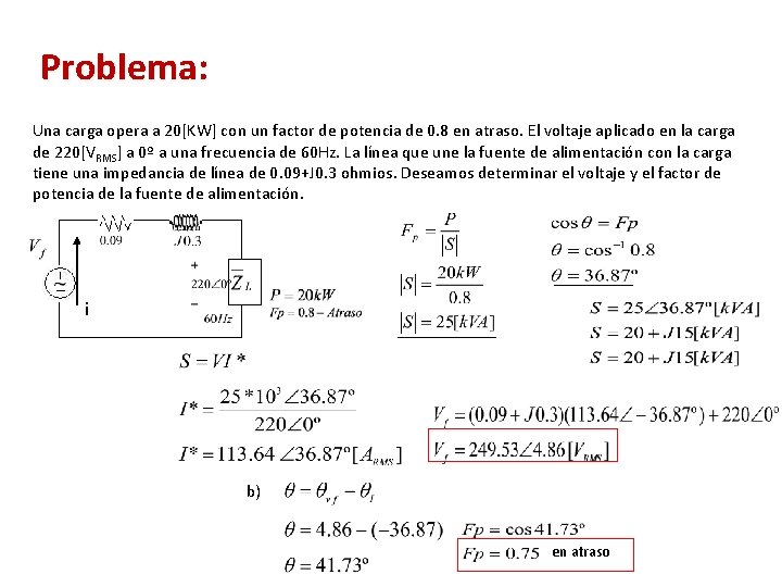 Problema: Una carga opera a 20[KW] con un factor de potencia de 0. 8