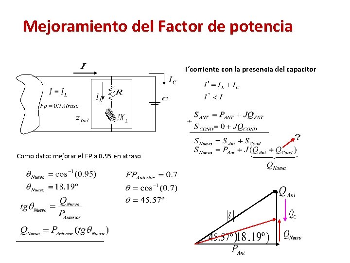 Mejoramiento del Factor de potencia I´corriente con la presencia del capacitor Como dato: mejorar