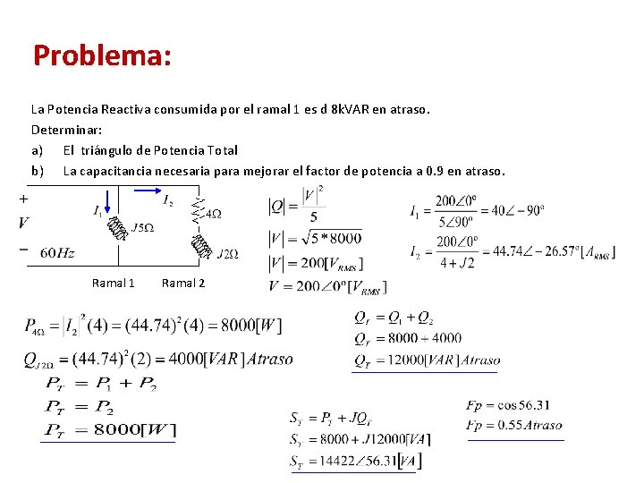 Problema: La Potencia Reactiva consumida por el ramal 1 es d 8 k. VAR