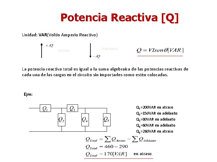 Potencia Reactiva [Q] Unidad: VAR(Voltio Amperio Reactivo) Atraso Adelanto La potencia reactiva total es