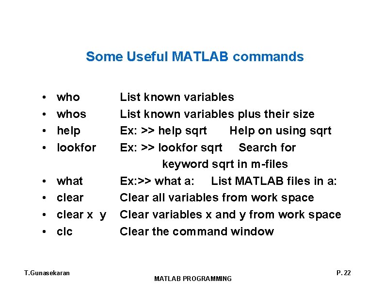 Some Useful MATLAB commands • • whos help lookfor • • what clear x Some Useful MATLAB commands • • whos help lookfor • • what clear x