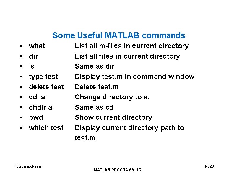Some Useful MATLAB commands • what List all m-files in current directory • dir