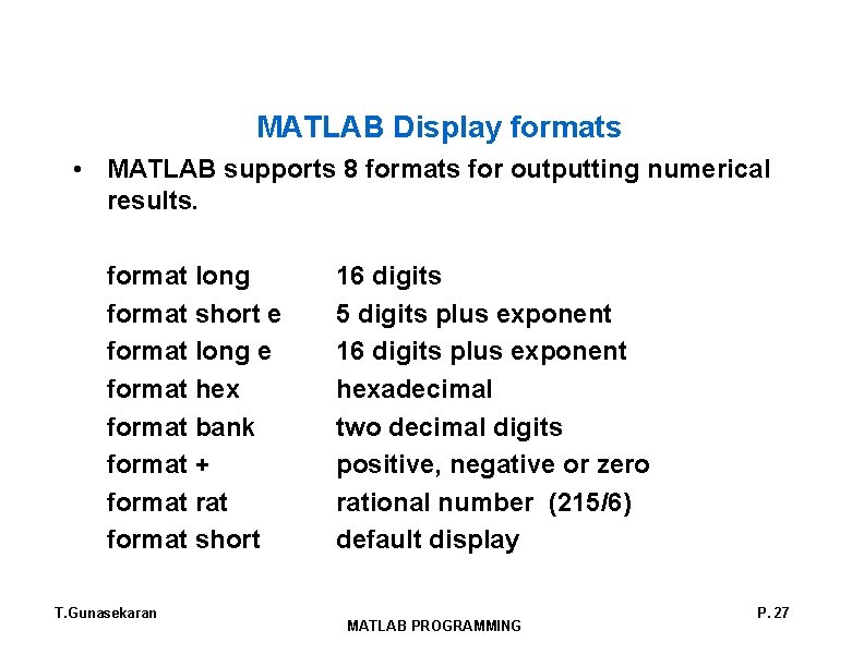 MATLAB Display formats • MATLAB supports 8 formats for outputting numerical results. format long MATLAB Display formats • MATLAB supports 8 formats for outputting numerical results. format long
