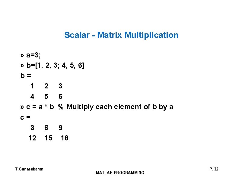 Scalar - Matrix Multiplication » a=3; » b=[1, 2, 3; 4, 5, 6] b