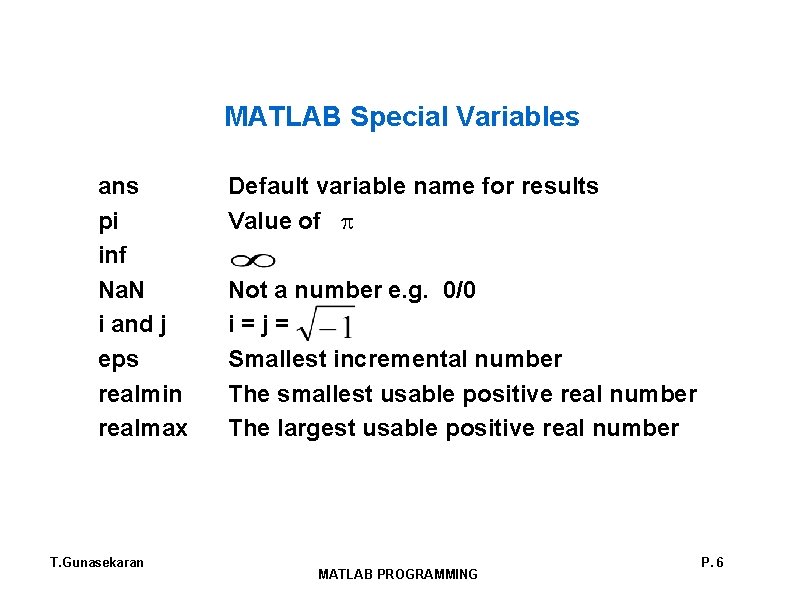 MATLAB Special Variables ans pi inf Na. N i and j eps realmin realmax