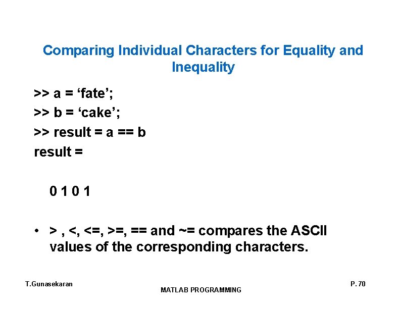 Comparing Individual Characters for Equality and Inequality >> a = ‘fate’; >> b = Comparing Individual Characters for Equality and Inequality >> a = ‘fate’; >> b =