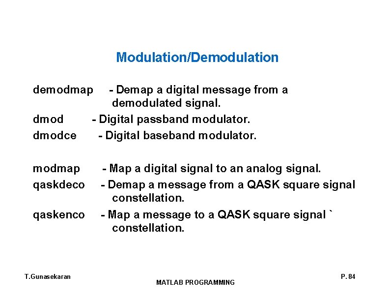 Modulation/Demodulation demodmap - Demap a digital message from a demodulated signal. dmod - Digital Modulation/Demodulation demodmap - Demap a digital message from a demodulated signal. dmod - Digital