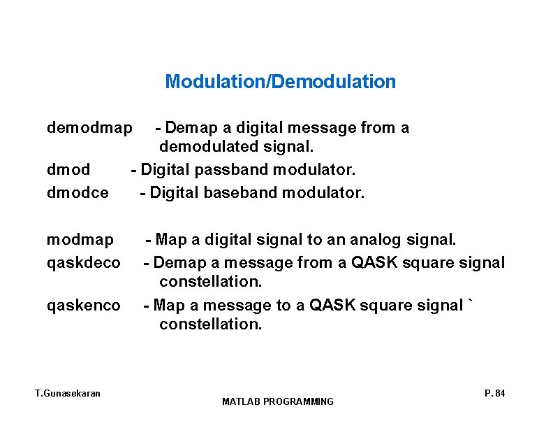 Modulation/Demodulation demodmap - Demap a digital message from a demodulated signal. dmod - Digital