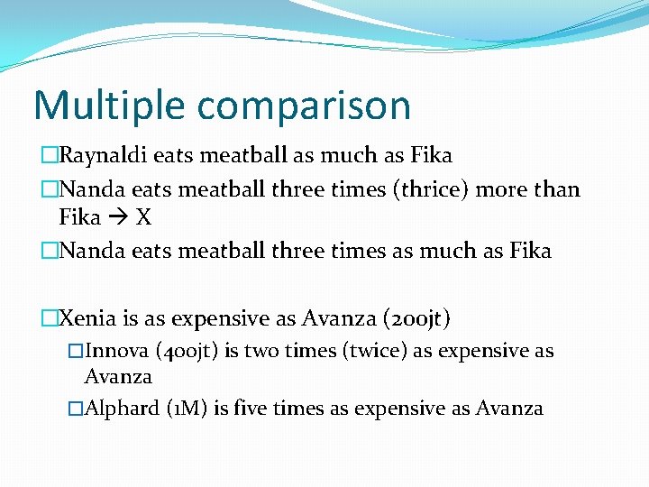 Multiple comparison �Raynaldi eats meatball as much as Fika �Nanda eats meatball three times