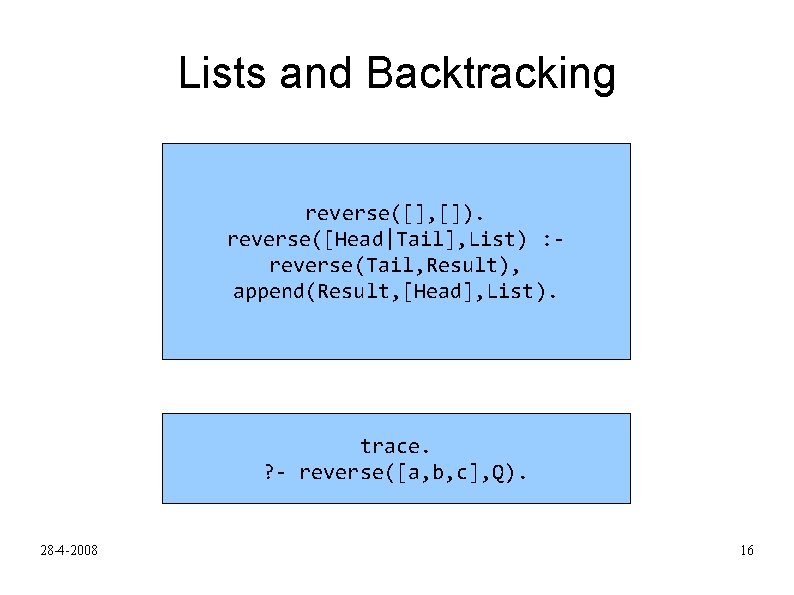 Lists and Backtracking reverse([], []). reverse([Head|Tail], List) : reverse(Tail, Result), append(Result, [Head], List). trace.