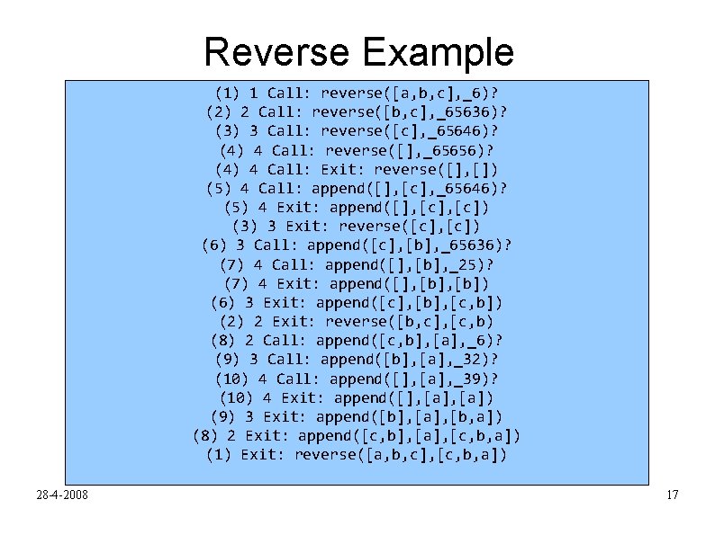 Reverse Example (1) 1 Call: reverse([a, b, c], _6)? (2) 2 Call: reverse([b, c],