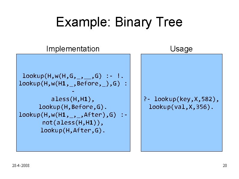 Example: Binary Tree Implementation Usage lookup(H, w(H, G, _, __, G) : - !.