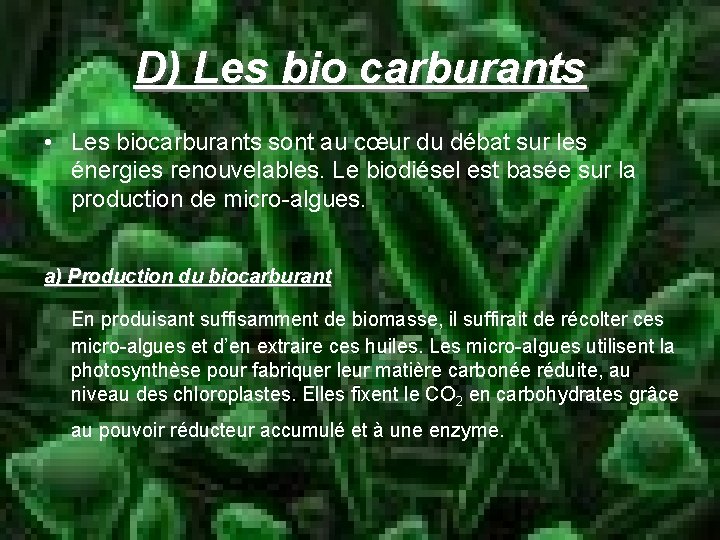 D) Les bio carburants • Les biocarburants sont au cœur du débat sur les