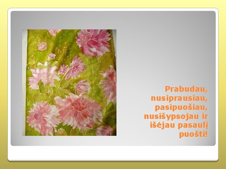 Prabudau, nusiprausiau, pasipuošiau, nusišypsojau ir išėjau pasaulį puošti! 