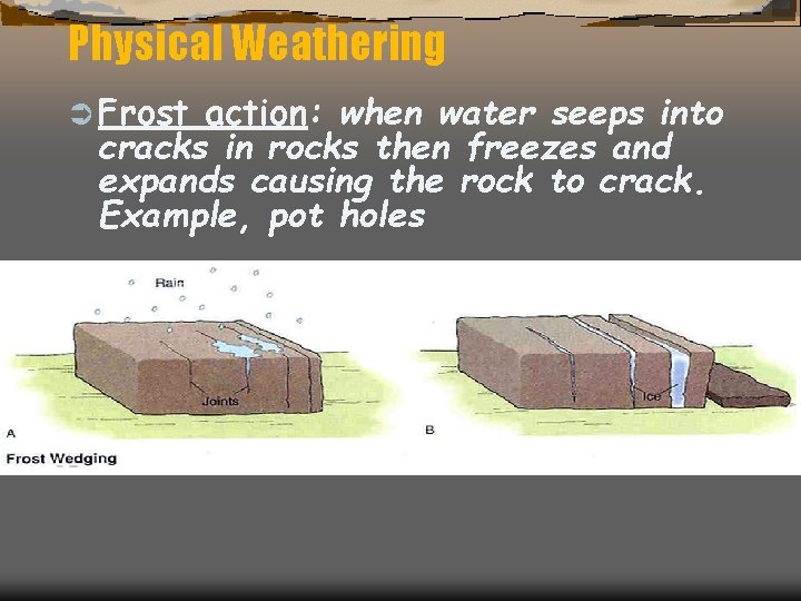 Physical Weathering Ü Frost action: when water seeps into cracks in rocks then freezes