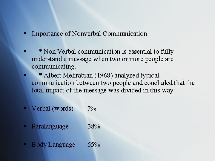 § Importance of Nonverbal Communication § * Non Verbal communication is essential to fully