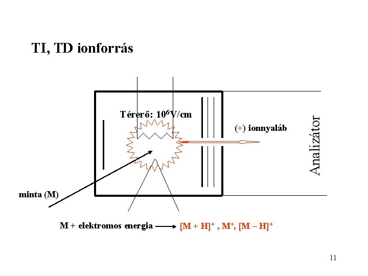 Térerő: 106 V/cm (+) ionnyaláb Analizátor TI, TD ionforrás minta (M) M + elektromos