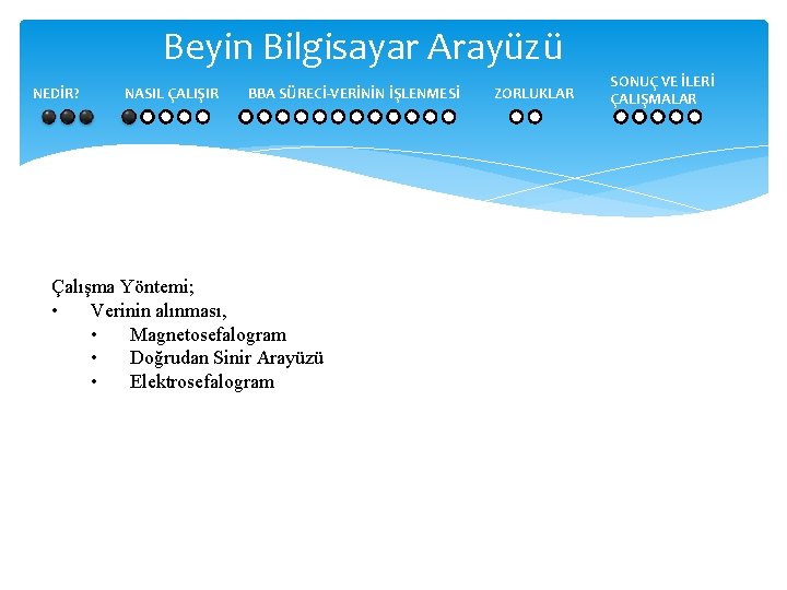 Beyin Bilgisayar Arayüzü NEDİR? NASIL ÇALIŞIR BBA SÜRECİ-VERİNİN İŞLENMESİ Çalışma Yöntemi; • Verinin alınması,