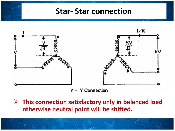 Star- Star connection Ø This connection satisfactory only in balanced load otherwise neutral point