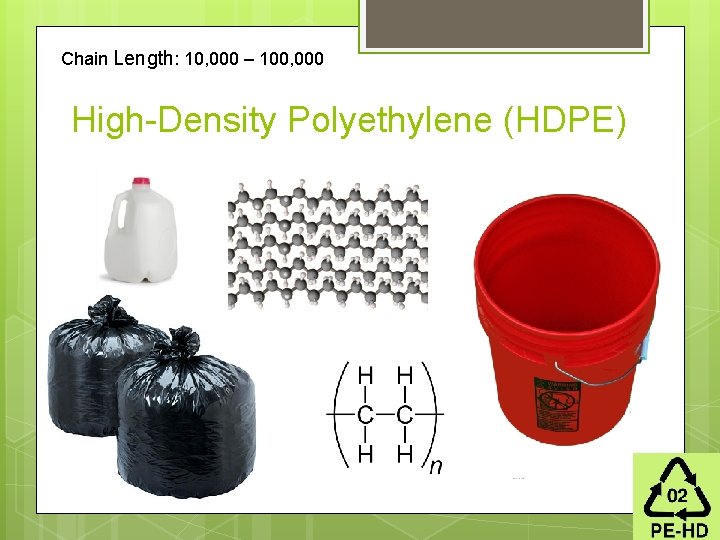 Chain Length: 10, 000 – 100, 000 High-Density Polyethylene (HDPE) 