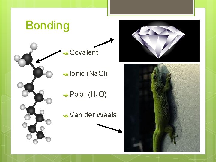 Bonding Covalent Ionic (Na. Cl) Polar (H 2 O) Van der Waals 