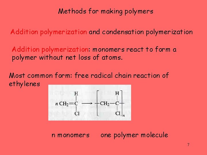 Methods for making polymers Addition polymerization and condensation polymerization Addition polymerization: monomers react to