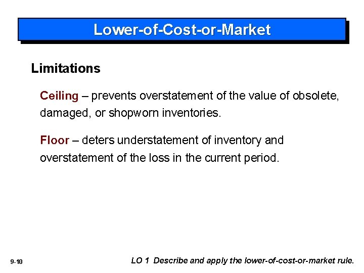 Lower-of-Cost-or-Market Limitations Ceiling – prevents overstatement of the value of obsolete, damaged, or shopworn