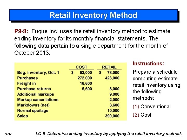 Retail Inventory Method P 9 -8: Fuque Inc. uses the retail inventory method to