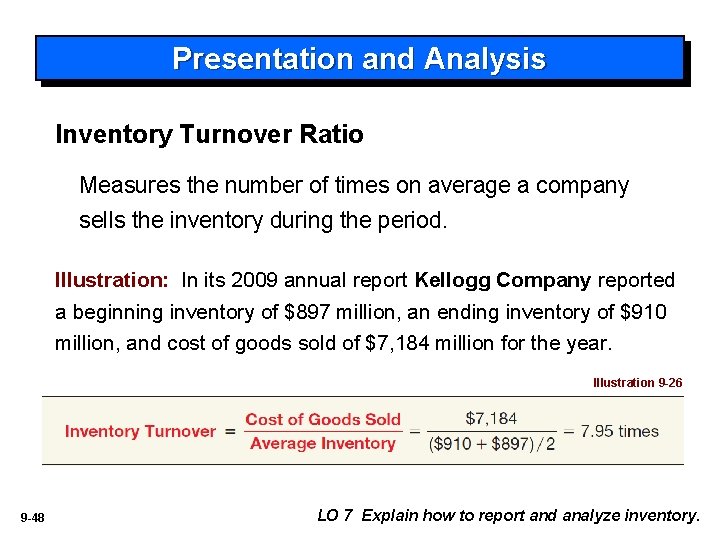 Presentation and Analysis Inventory Turnover Ratio Measures the number of times on average a